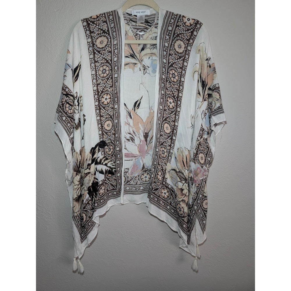 Nine West Kimono Wrap One Size Cream Floral Boho Tassel Layer Western Swim Rodeo